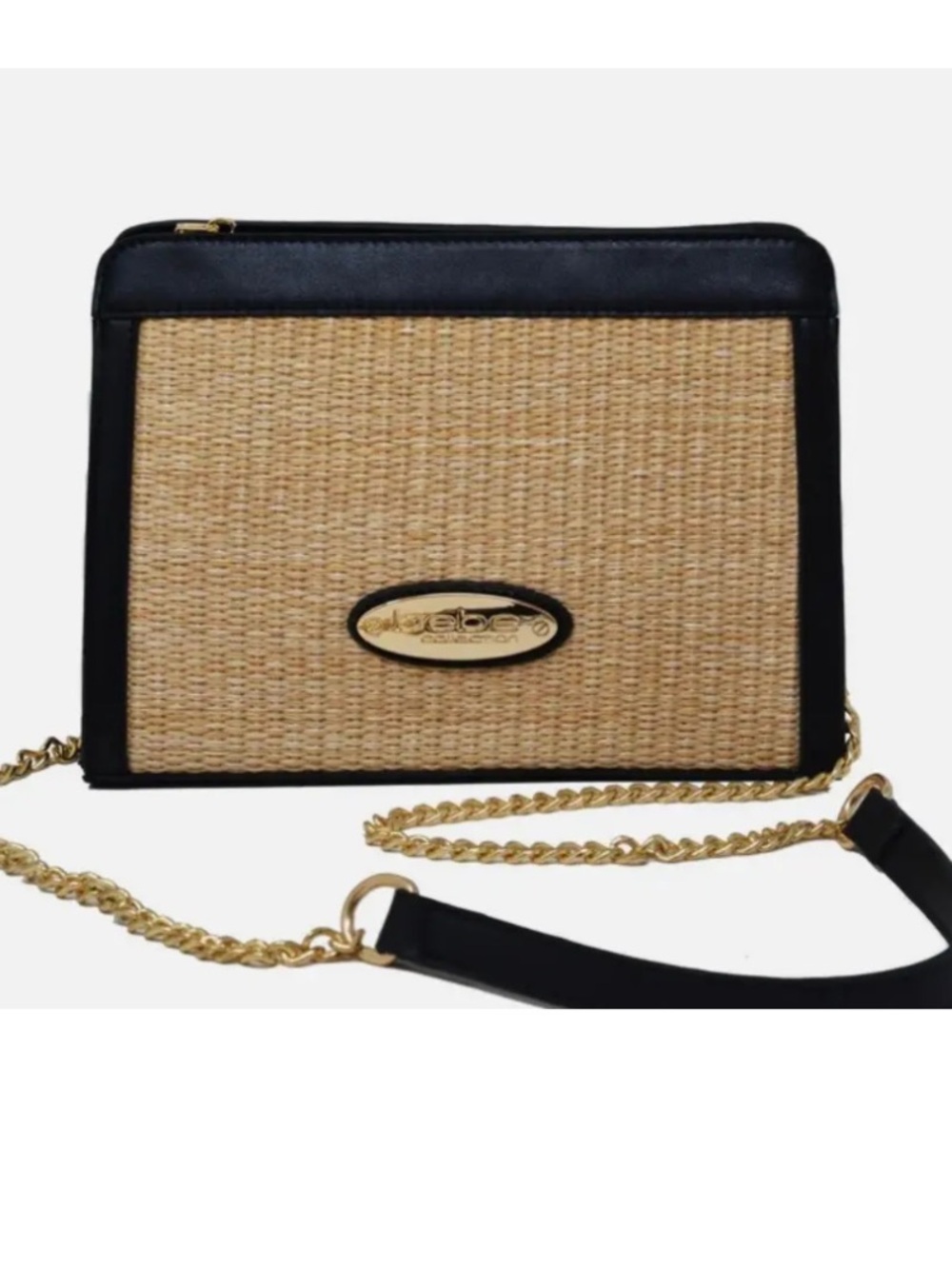 bebe Black Trim Woven Straw Crossbody with Gold Chain